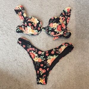 WeWoreWhat Black Floral Bikini Set with Red, Yellow and Green Accents